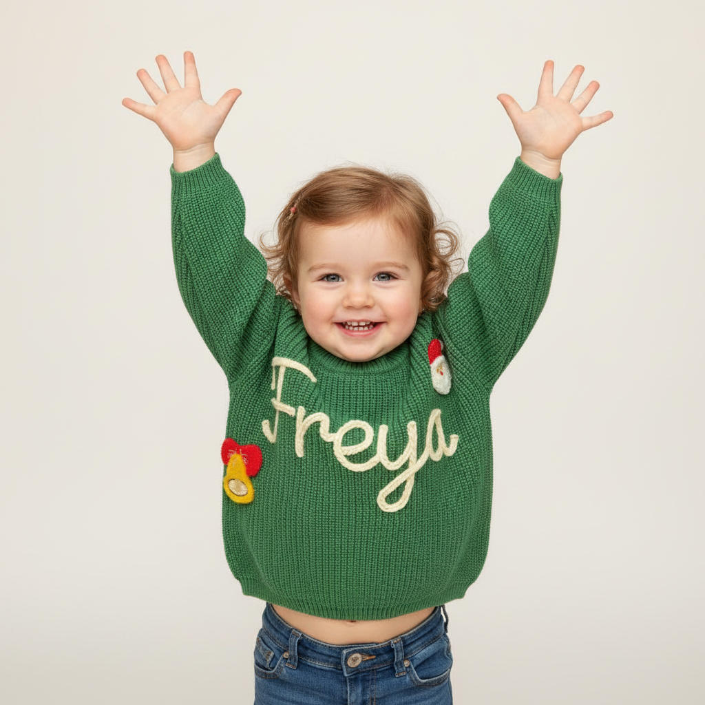 Child wearing a green sweater with 'Freya' text and colorful buttons on a plain background