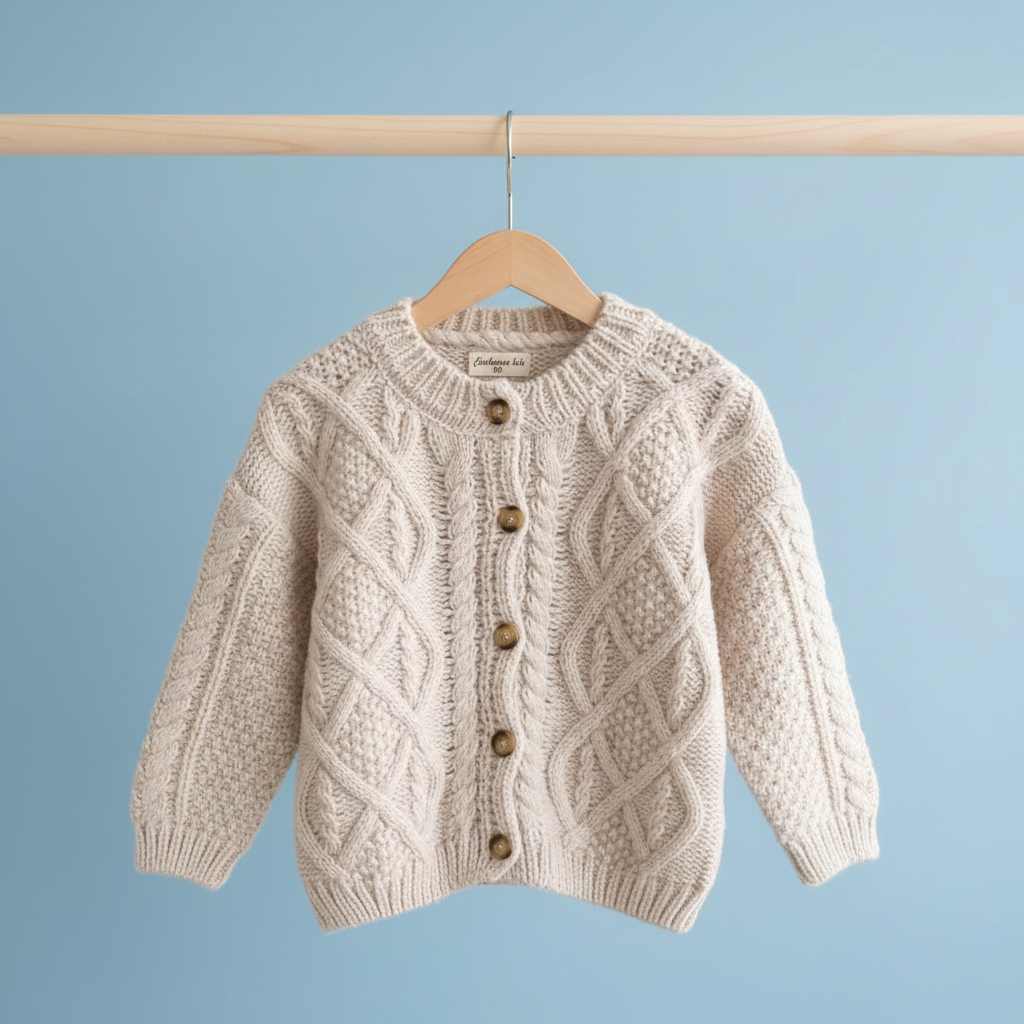 Knitted cardigan on a hanger against a blue background
