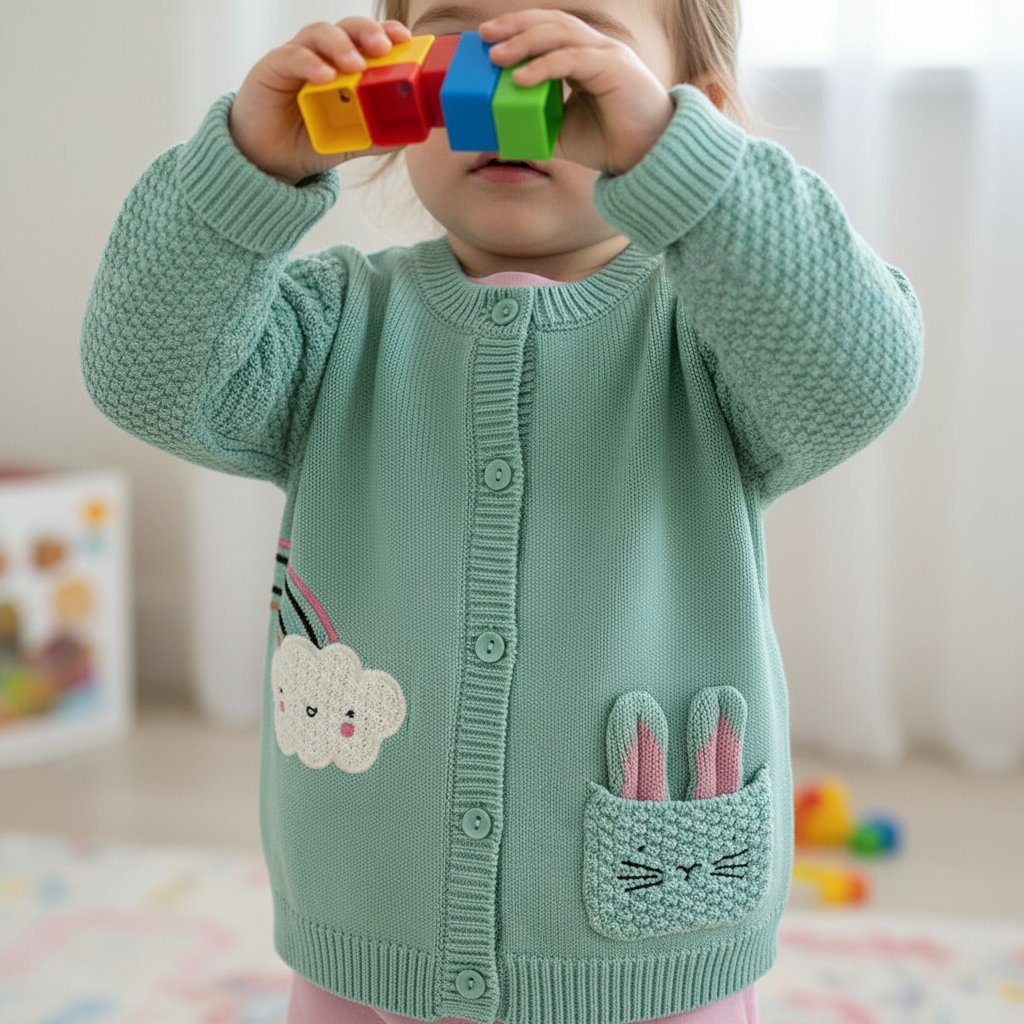 Child wearing a green cardigan with cloud and bunny design, playing with colorful blocks indoors.
