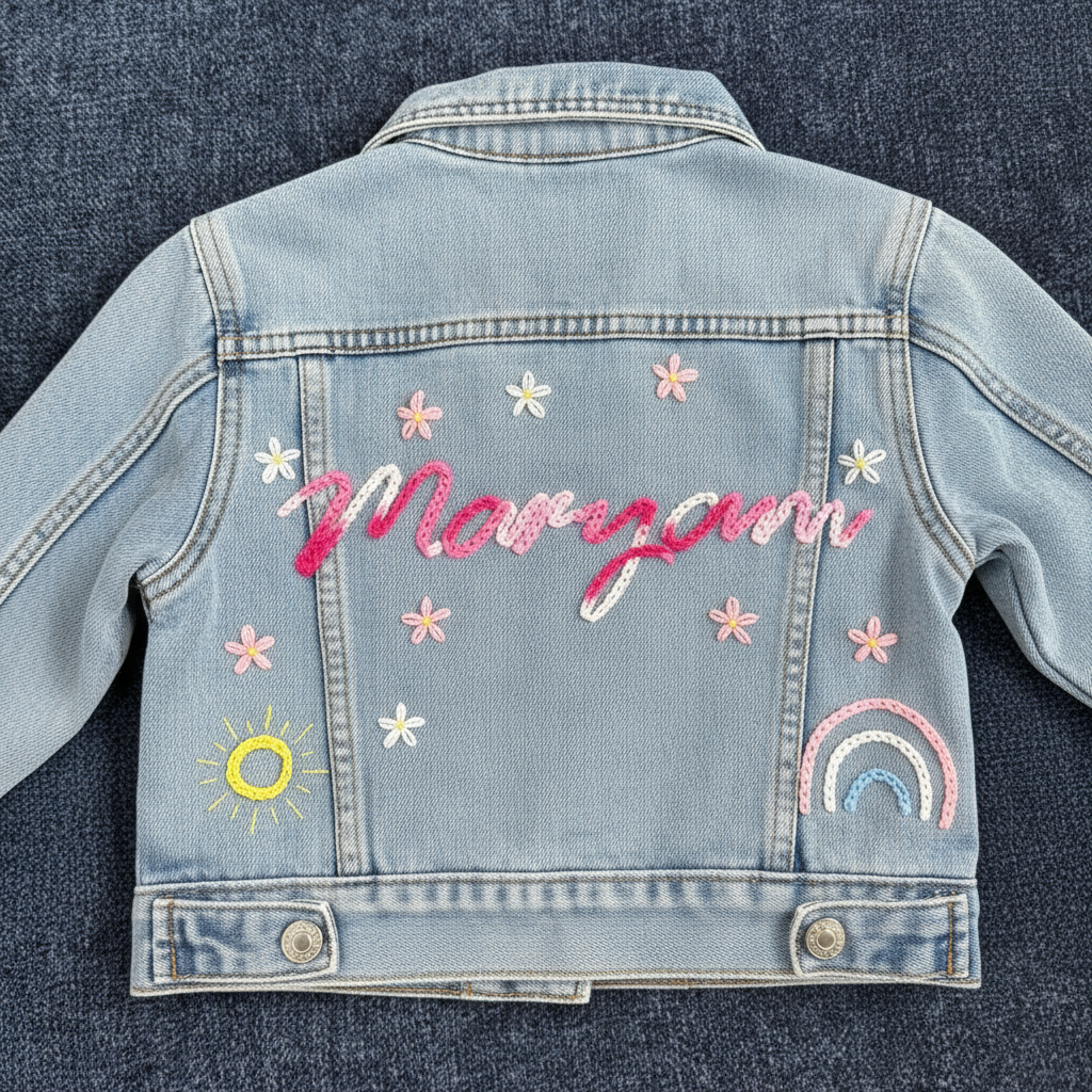 Denim jacket with embroidered name and decorative elements on a dark denim background
