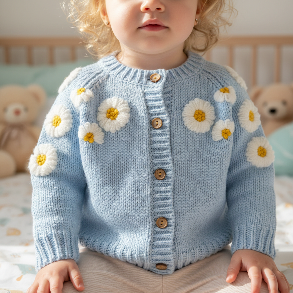 Child wearing a blue knitted cardigan with white daisy flowers, sitting in a crib with teddy bears.