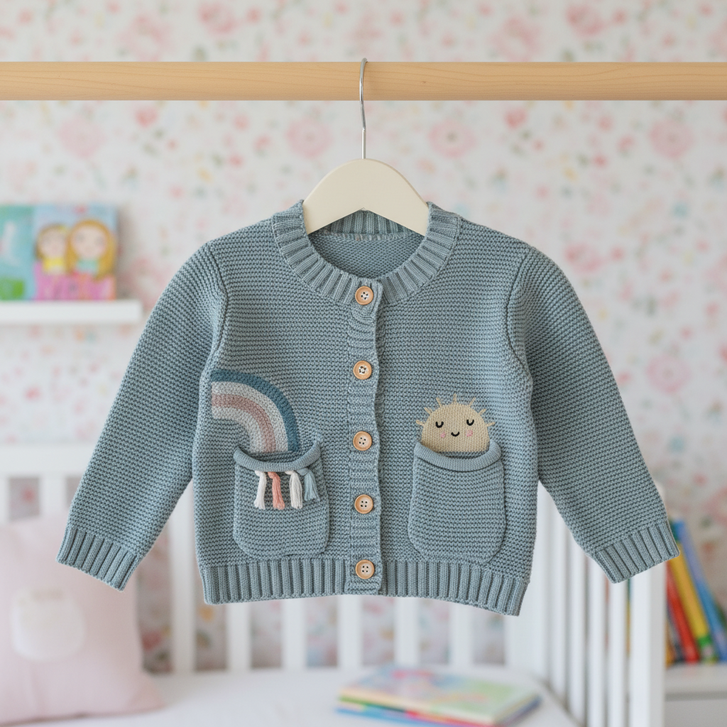 Children's knitted cardigan with rainbow and cloud design on a hanger against a soft, multicolored background.