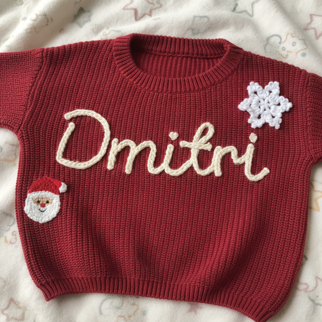 Red knitted sweater with 'Dmitri' embroidered, Santa Claus face, and snowflake on a floral background