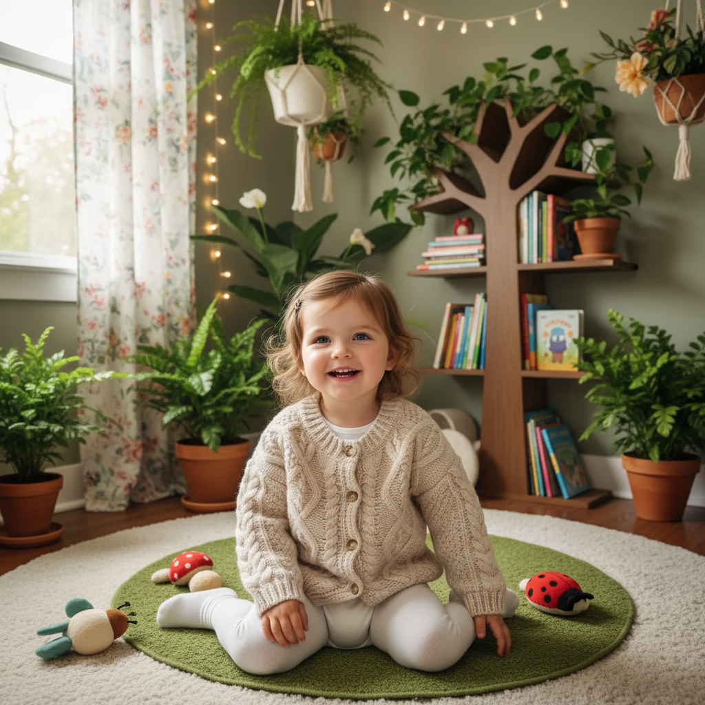 Child sitting on a green rug in a room with plants and books