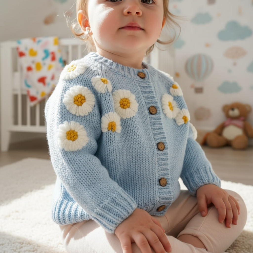 Child wearing a blue knitted cardigan with flower patterns in a nursery setting.