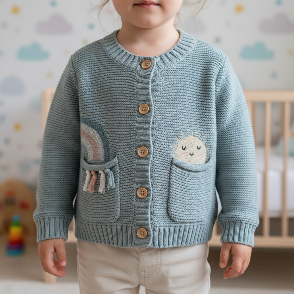 Child wearing a blue knitted cardigan with pocket designs in a nursery setting