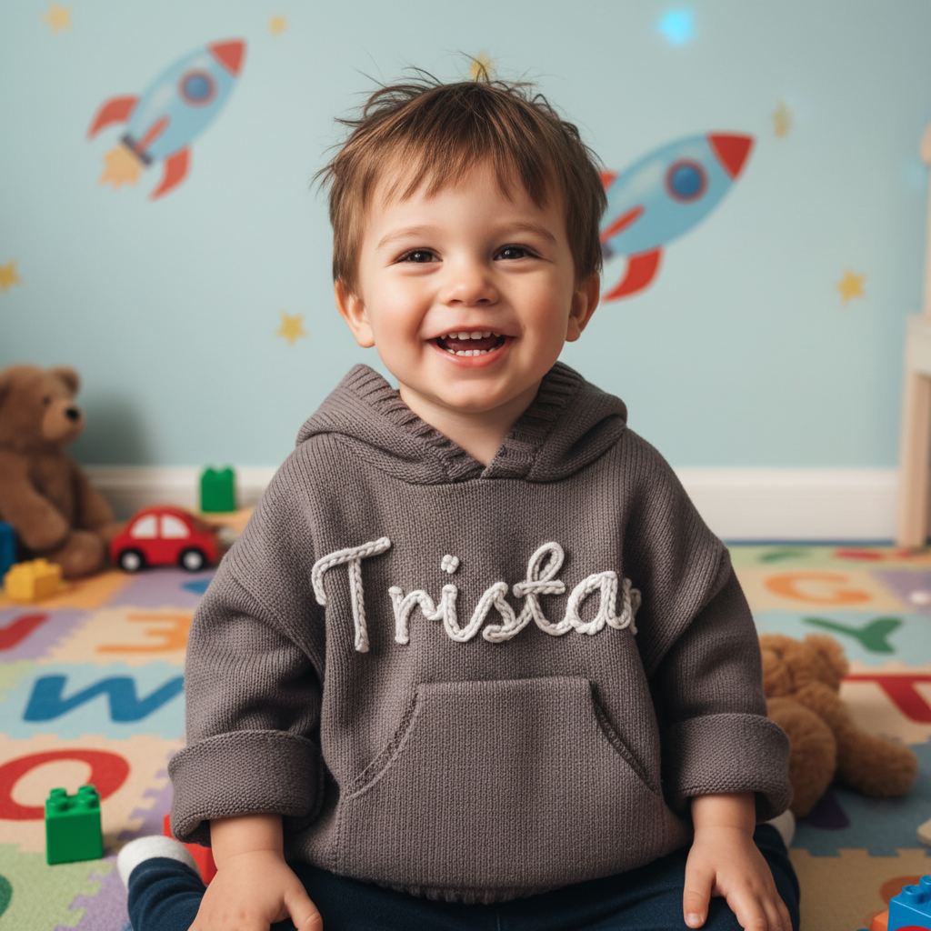 Child wearing a hoodie with 'Trista' on it, sitting in a playroom with toys and colorful wall.