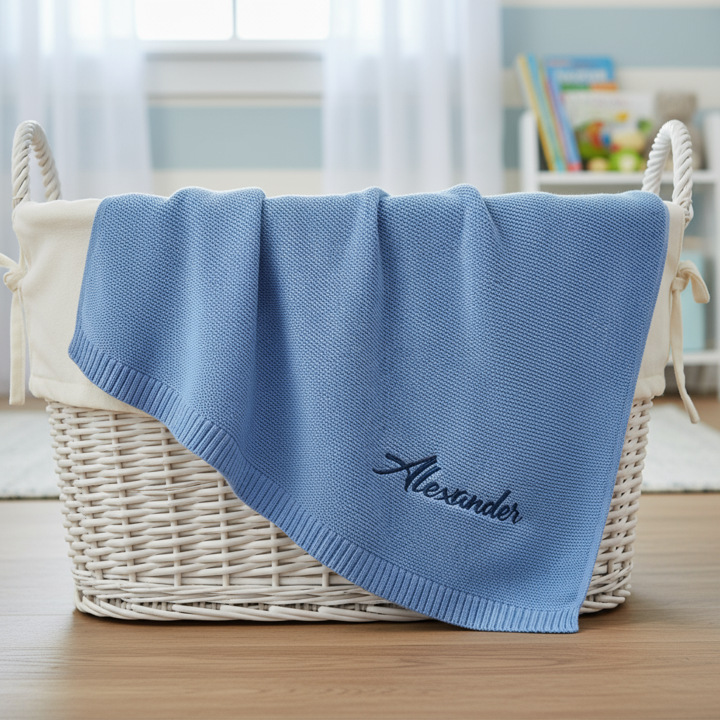 Blue baby blanket with 'Alexander' embroidery in a white wicker basket on a wooden floor.