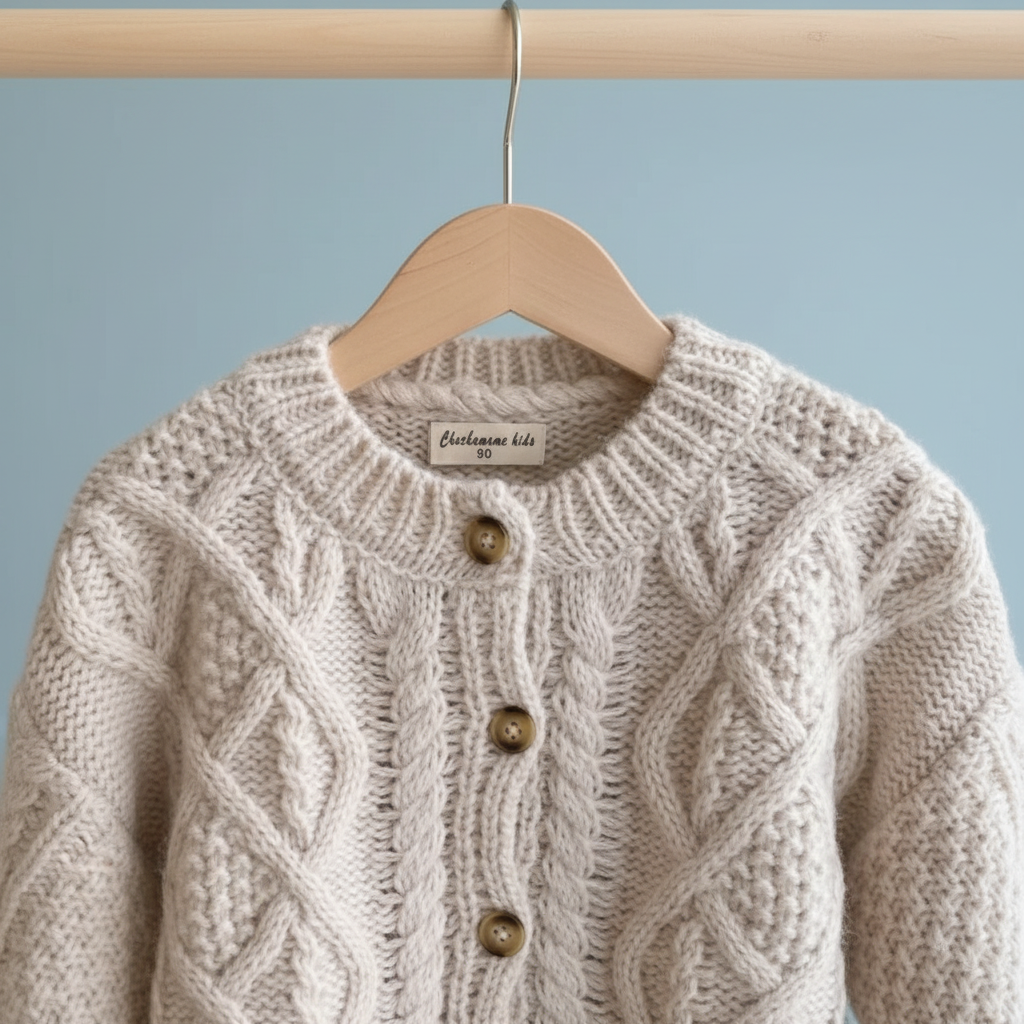 Knitted sweater with cable pattern hanging on a wooden hanger against a light blue background