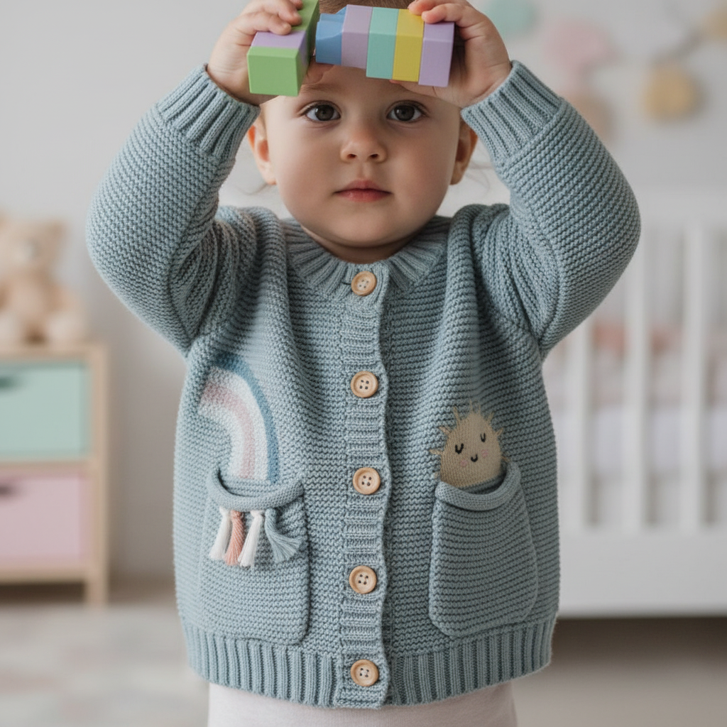 Child wearing a light blue knitted cardigan with animal designs, standing in a room with a crib and toys.