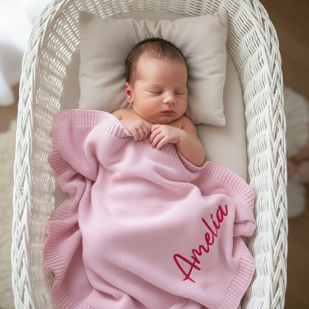 Newborn baby wrapped in a pink blanket with 'Amelia' embroidered, lying in a white crib.
