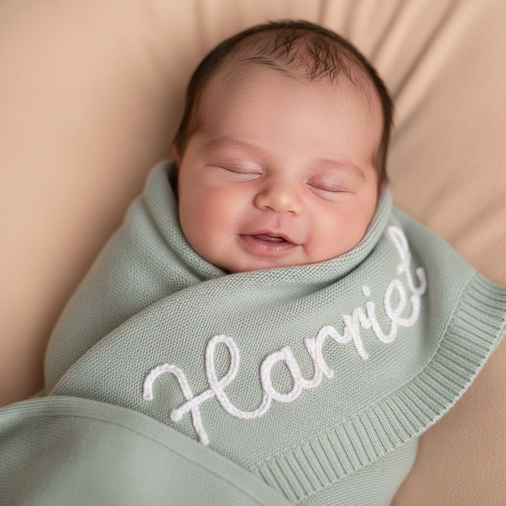 Newborn baby wrapped in a light green blanket with 'Harriet' embroidered on it, lying on a beige surface.