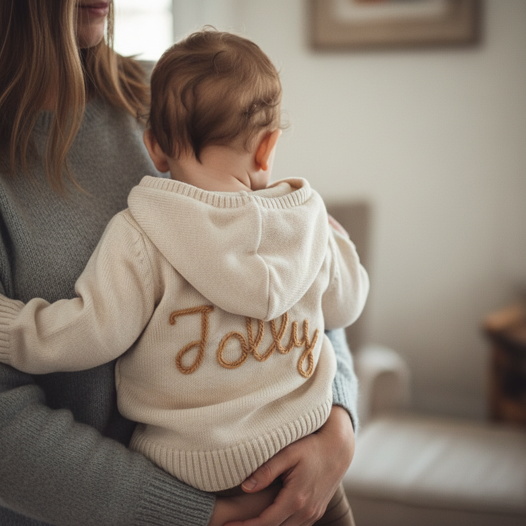 Person holding a child wearing a beige hoodie with 'Jolly' written on it, indoors.