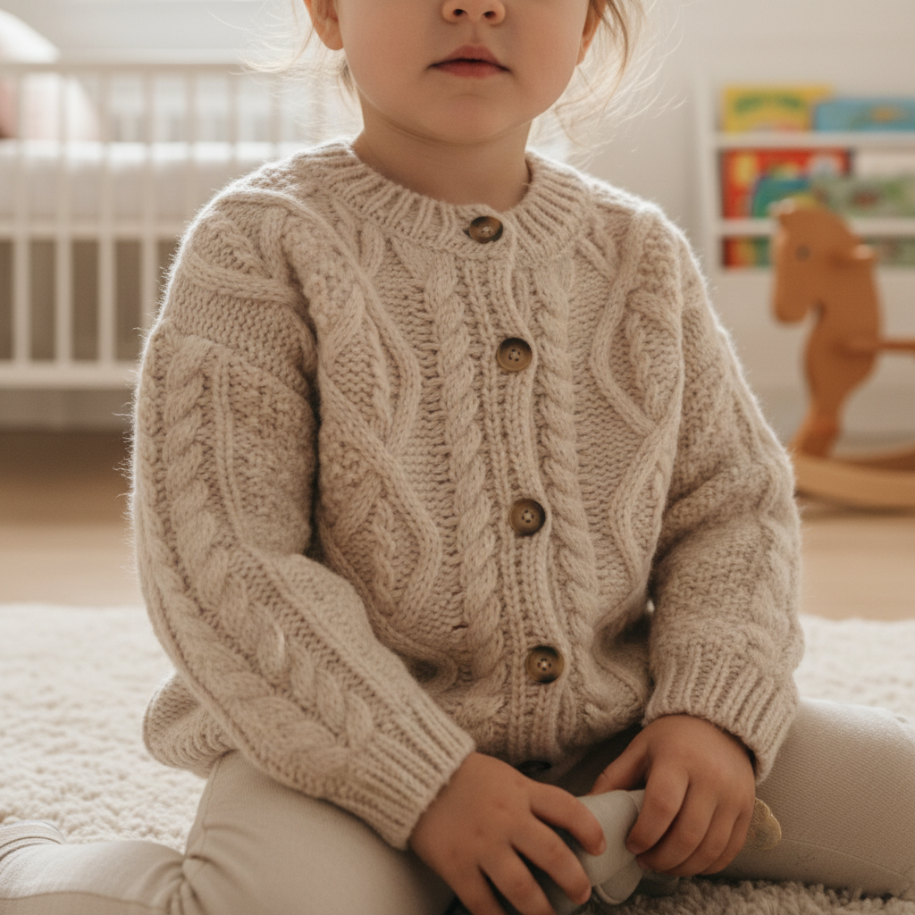 Child wearing a beige knitted cardigan sitting on a carpeted floor.