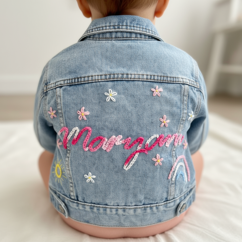 Child wearing a denim jacket with embroidered name and colorful designs.