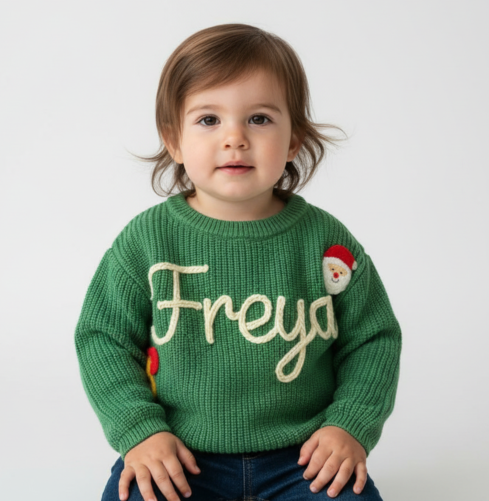 Child wearing a green sweater with 'Freya' and a snowman patch on a white background