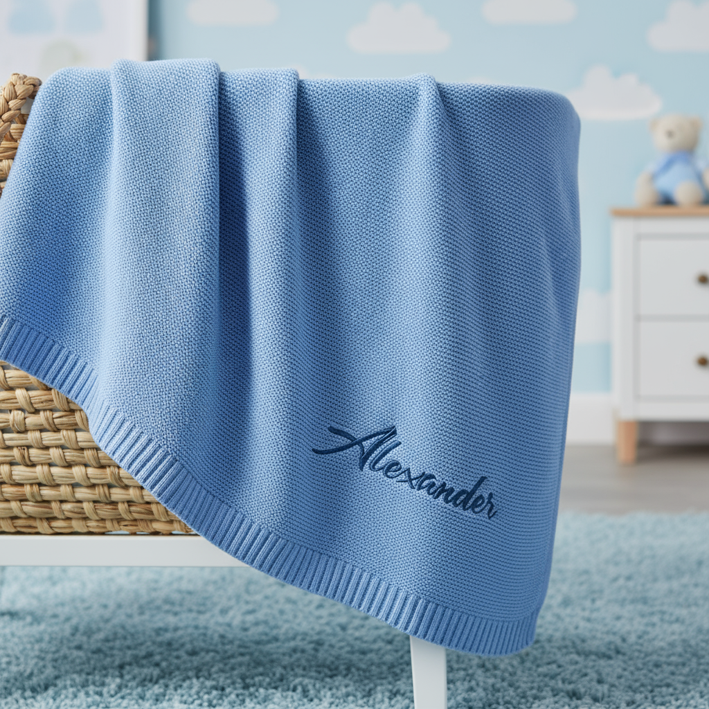 Blue baby blanket with 'Alexander' embroidery on a wicker chair in a nursery.