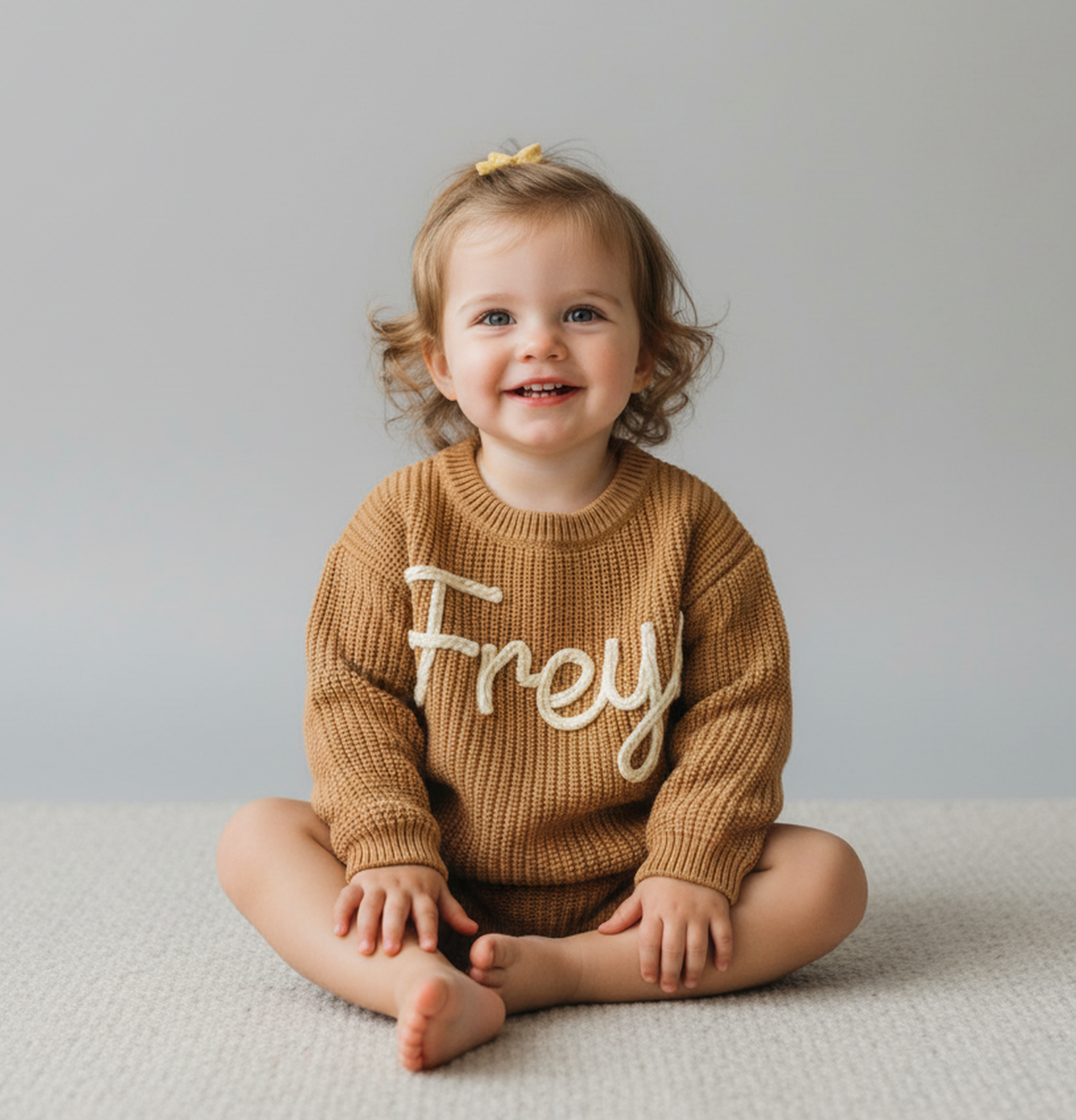 Child wearing a brown sweater with 'Frey' on it, sitting on a light-colored surface.