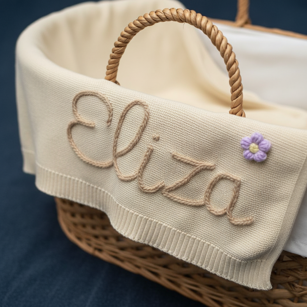 Beige baby blanket with 'Eliza' embroidery and a flower on a wicker basket.