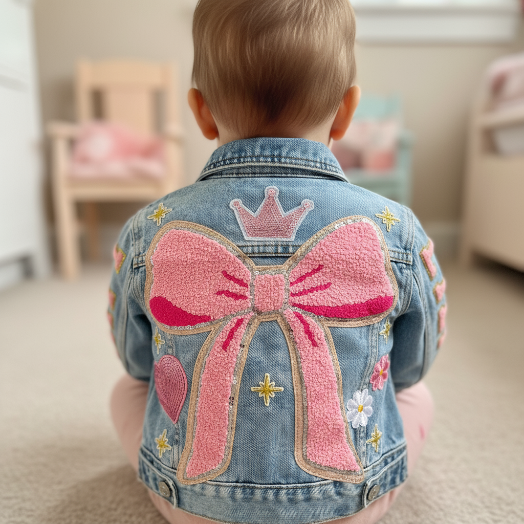 Child wearing a denim jacket with a pink bow and crown design in a room.