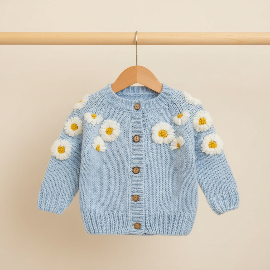 Blue knitted cardigan with floral patterns on a wooden hanger against a beige background