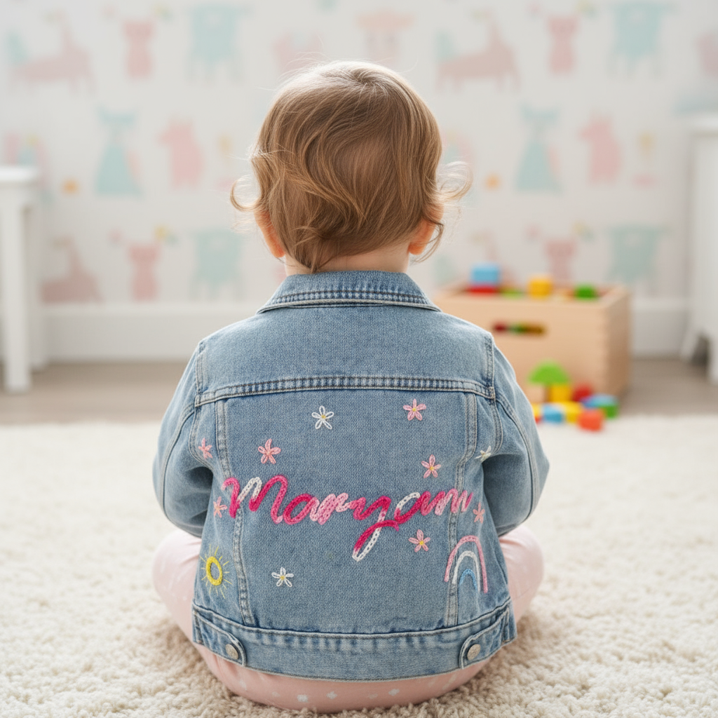 Child wearing a denim jacket with embroidered names sitting on a carpeted floor.