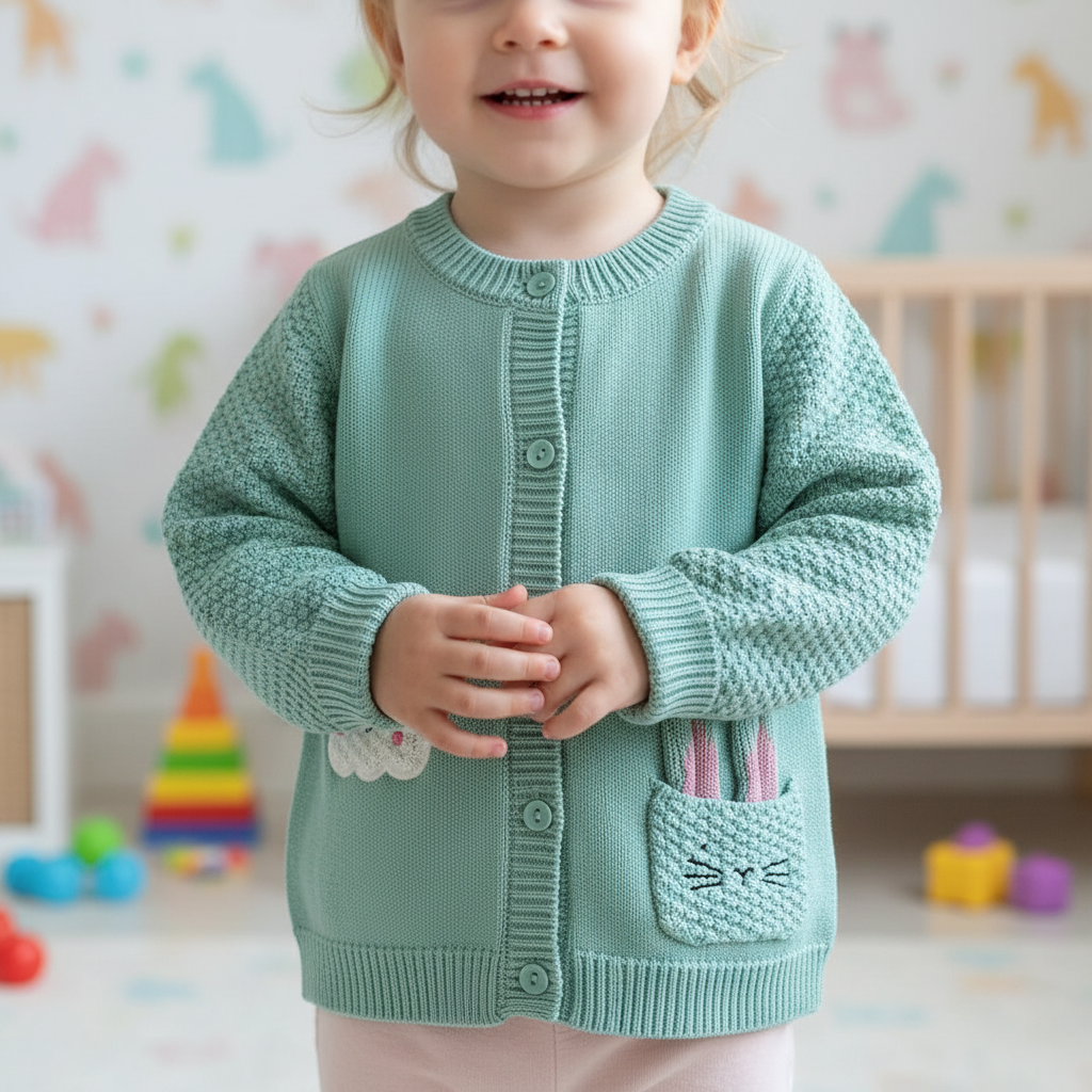 Child wearing a light blue knitted cardigan in a room with toys and a crib.