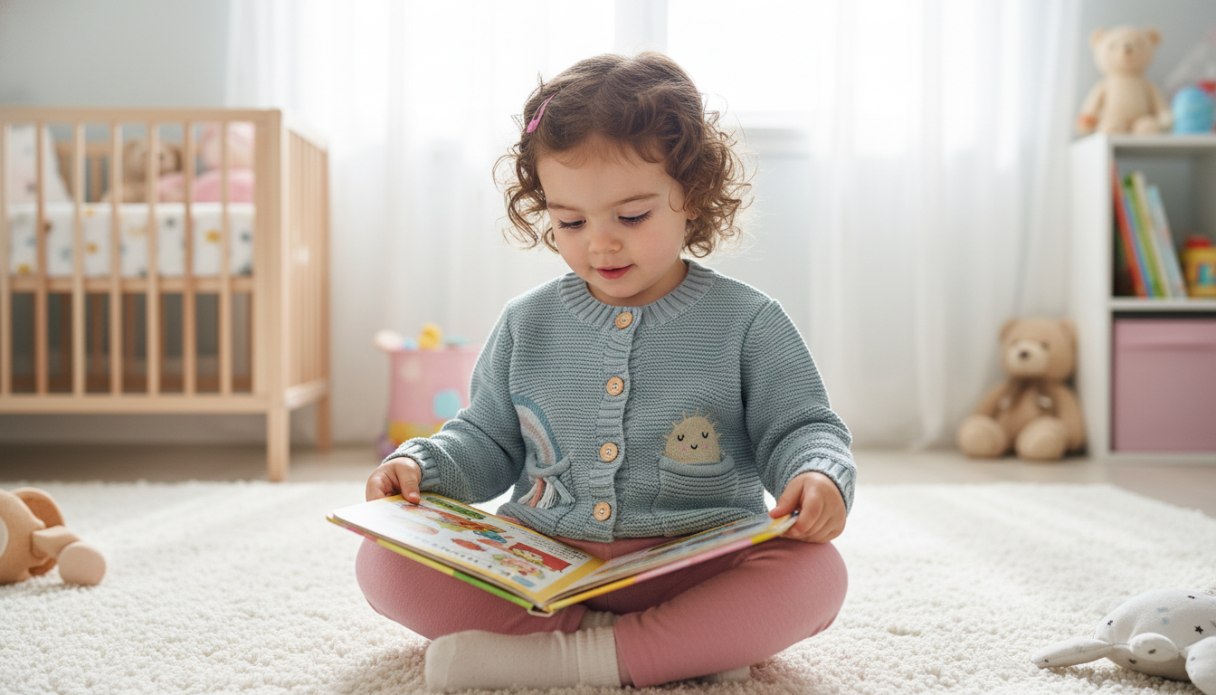Child reading a book in a nursery room with toys and furniture.