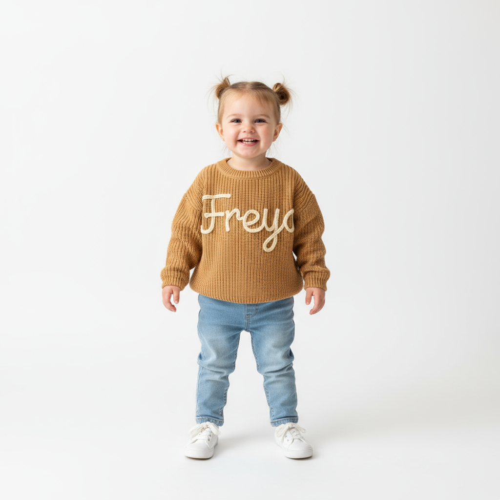 Child wearing a brown sweater with 'Freya' printed on it, standing against a white background