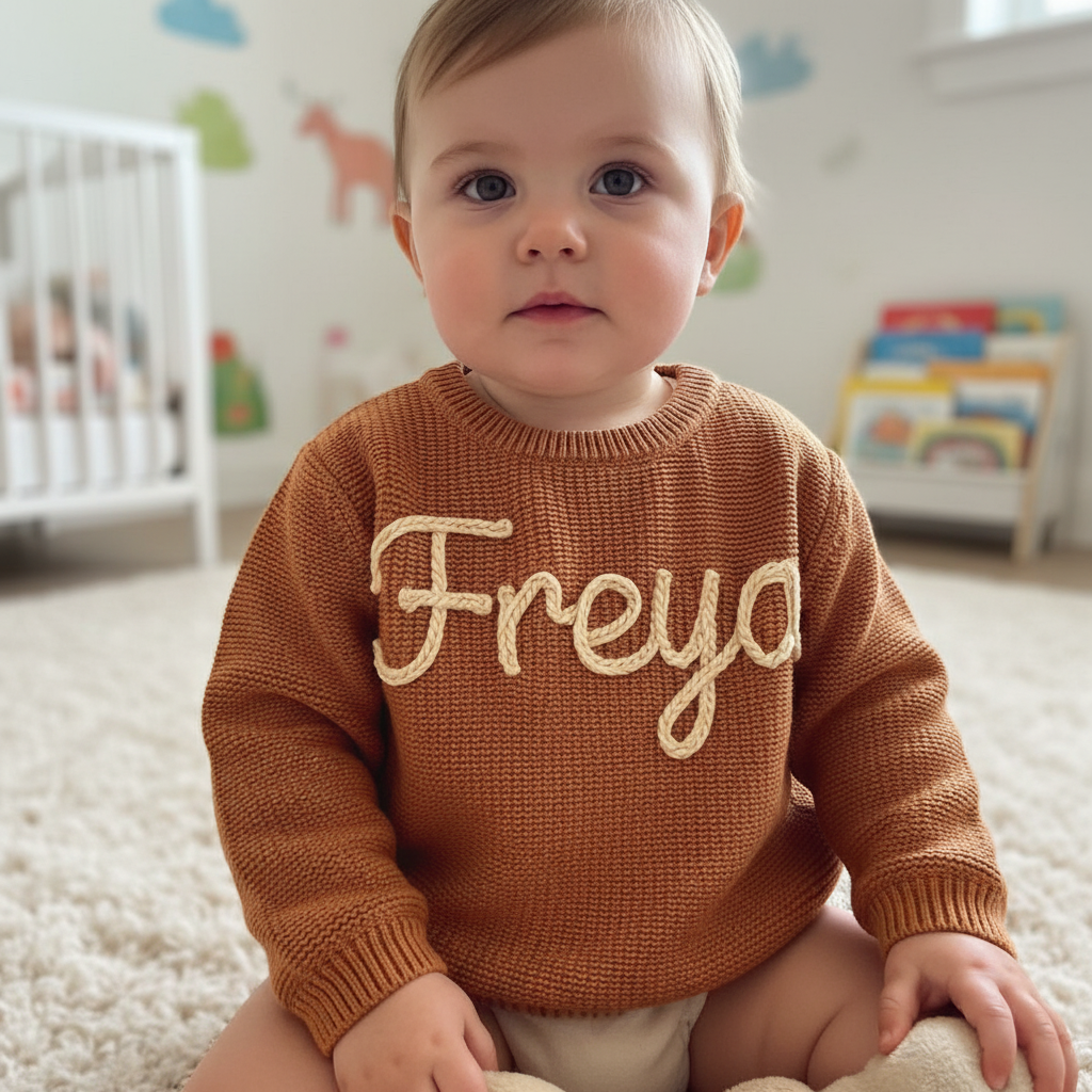 Child wearing a brown sweater with 'Freya' on it in a nursery setting