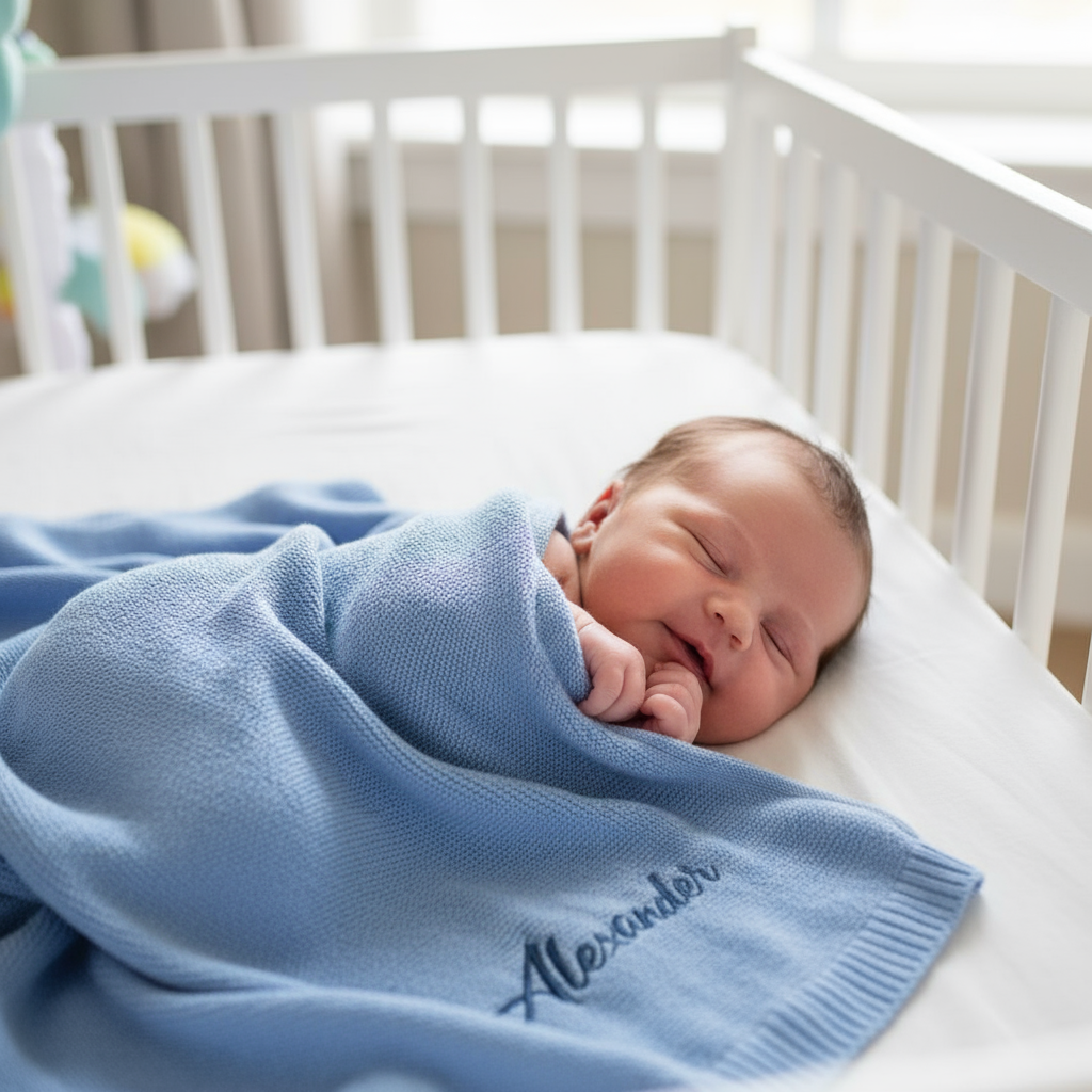 Newborn baby wrapped in a blue blanket with 'Alexander' embroidered, lying in a crib.