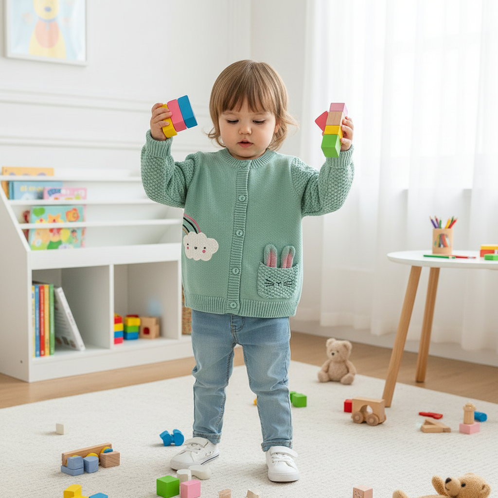 Child playing with colorful blocks in a room filled with toys and books.
