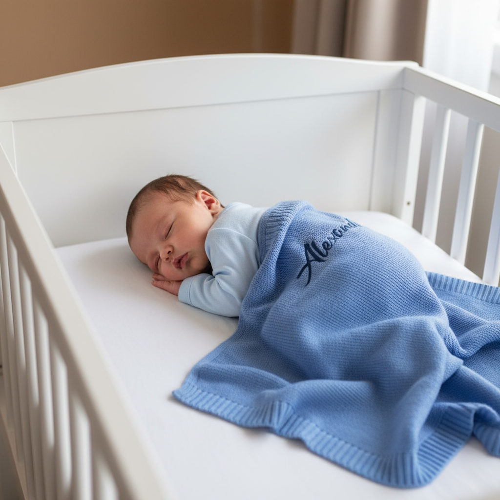 Newborn baby sleeping in a crib with a blue blanket