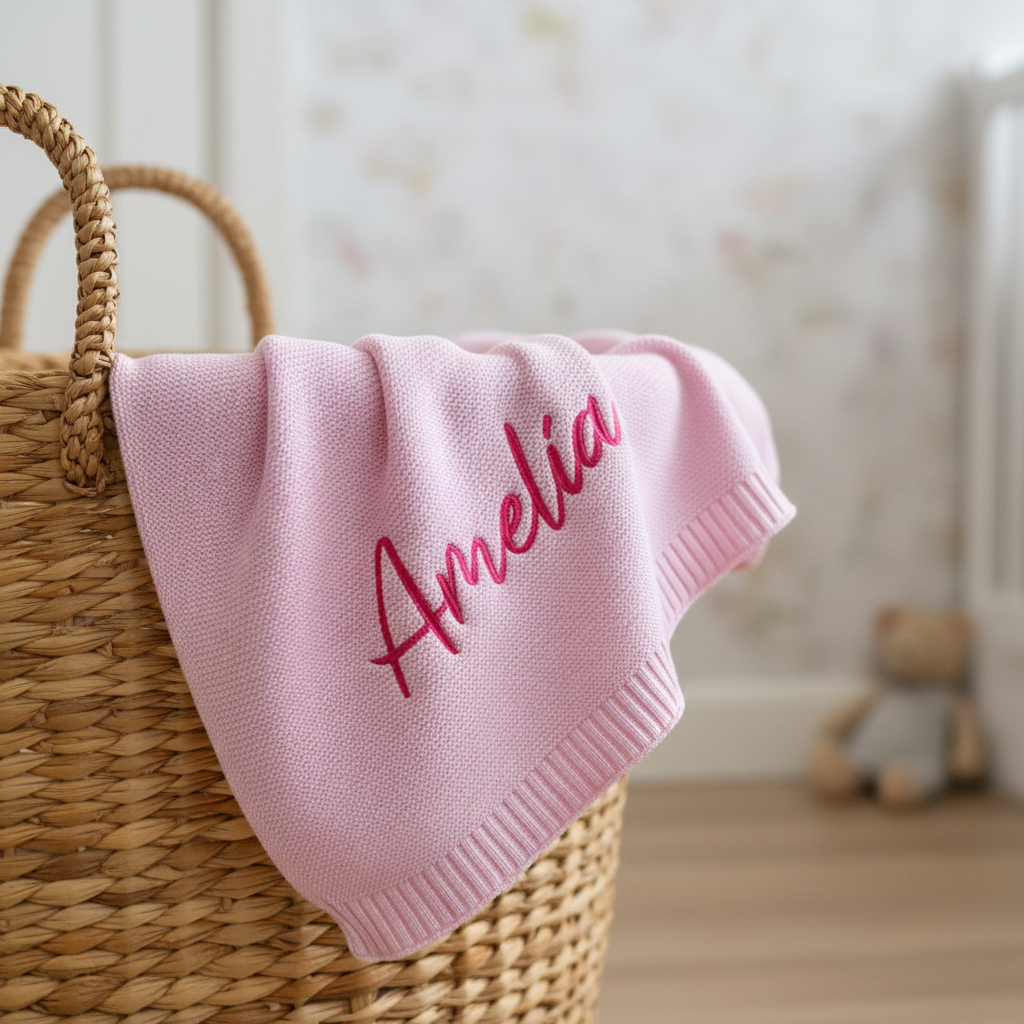 Pink blanket with 'Amelia' embroidery in a wicker basket on a wooden floor.