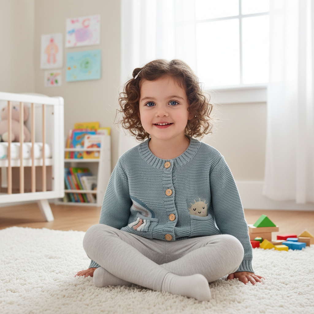 Child wearing a blue knitted cardigan sitting on a rug in a room with toys and books.