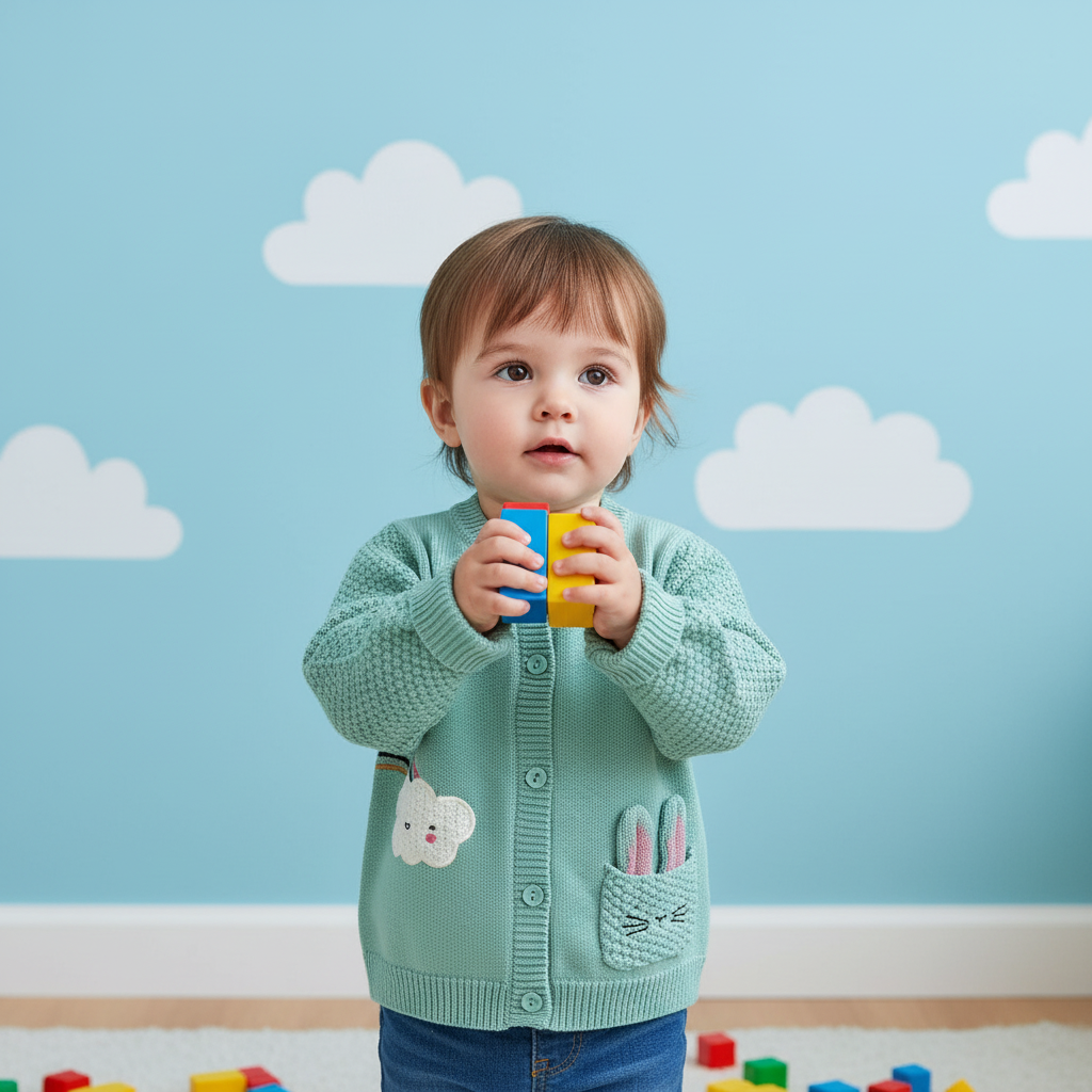 Child in a light green cardigan holding colorful blocks against a blue wall with white clouds