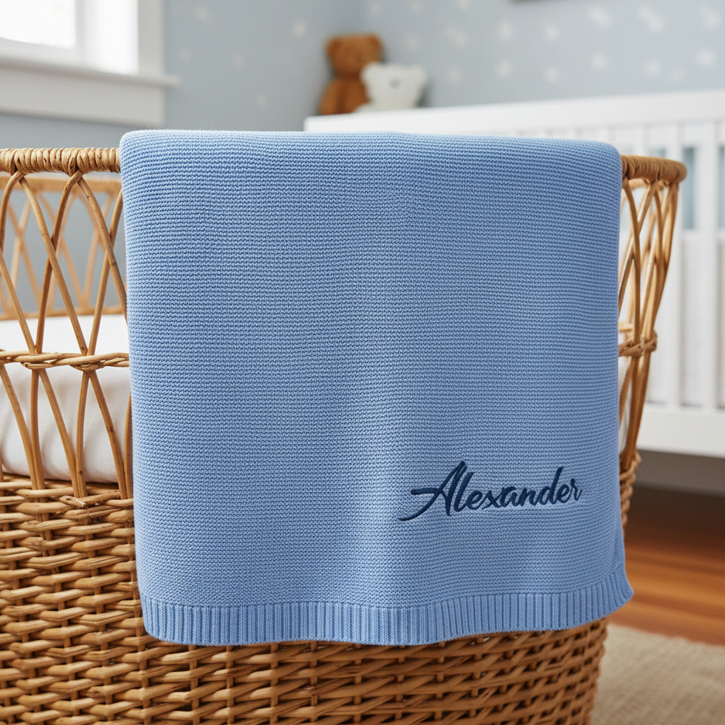 Blue baby blanket with 'Alexander' embroidery on a wicker basket in a nursery setting.