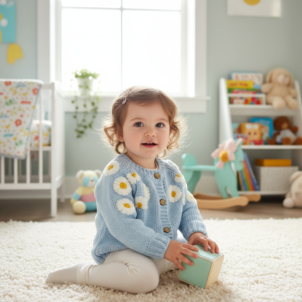 Child wearing a blue cardigan with floral patterns in a nursery setting