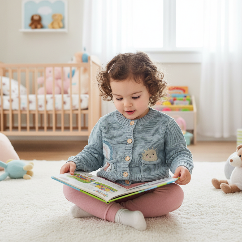 Child reading a book in a nursery with toys and furniture around
