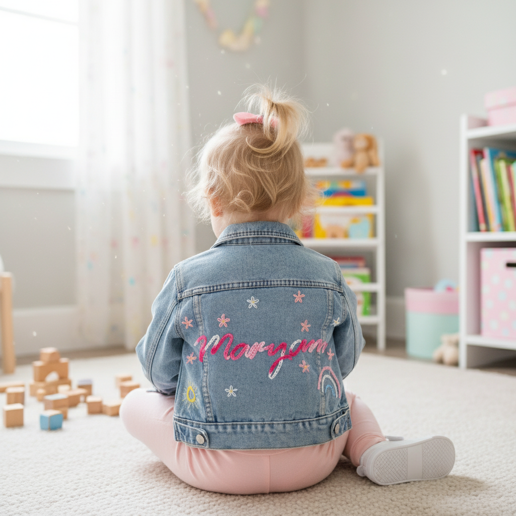 Child wearing a denim jacket with embroidered name in a playroom