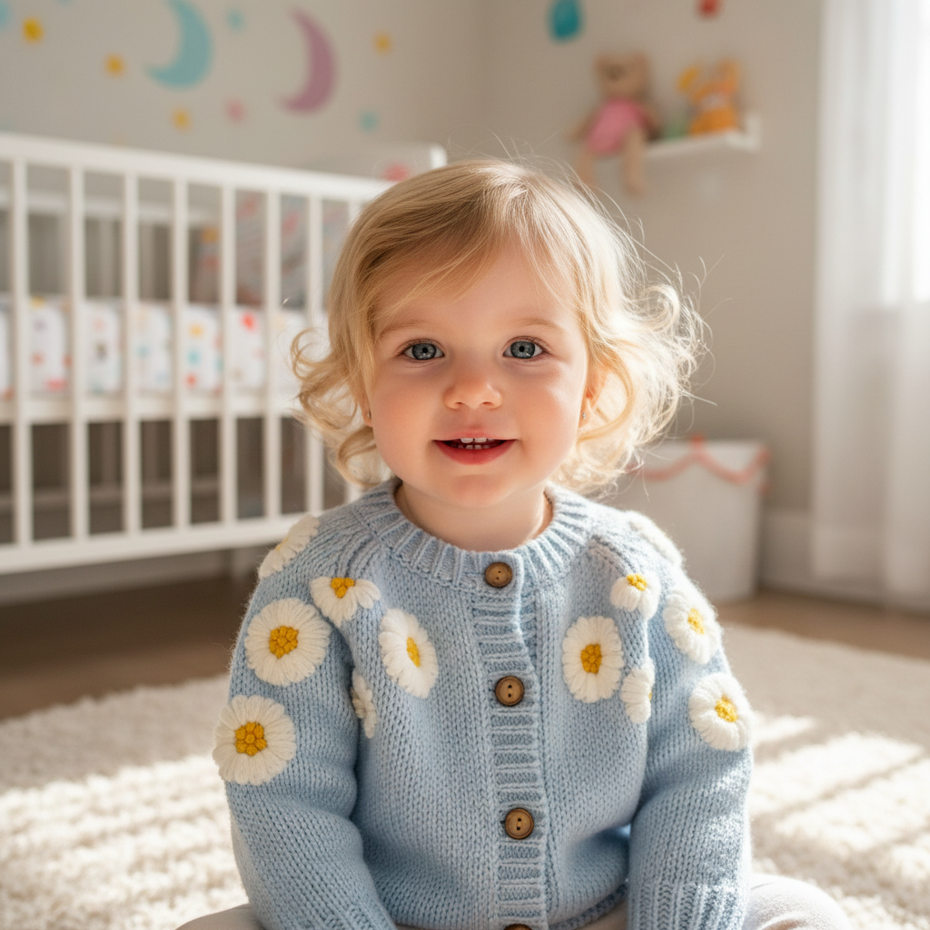 Child wearing a blue sweater with white flower patterns in a nursery.
