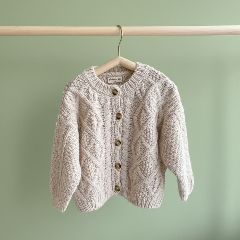 Knitted baby sweater on a hanger against a green background
