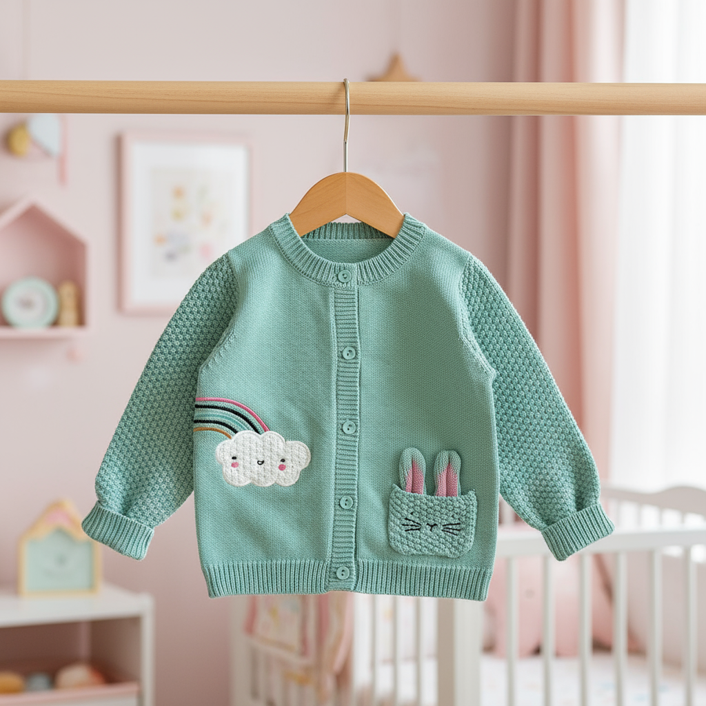 Green children's sweater with cloud and rabbit design on a hanger against a pink nursery background.
