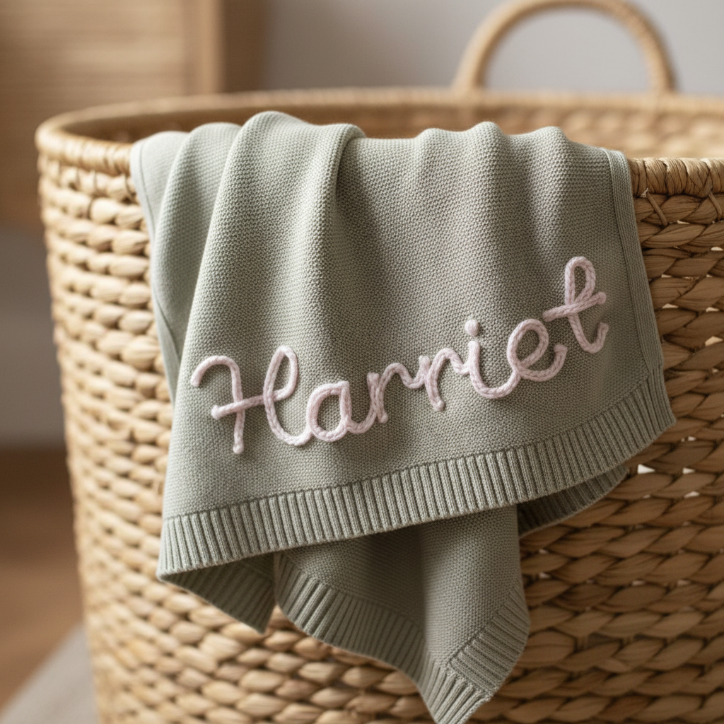 Green blanket with 'Harriet' embroidery draped over a woven basket.