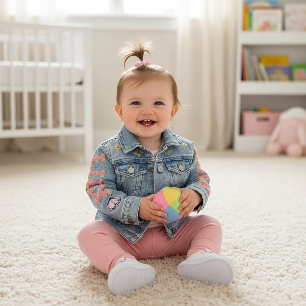 Child sitting on a carpeted floor holding a colorful cube, with a crib and books in the background.