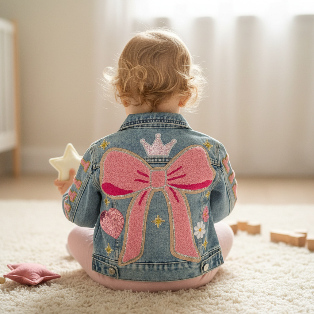 Child wearing a denim jacket with pink bow and crown design, sitting on a carpeted floor.